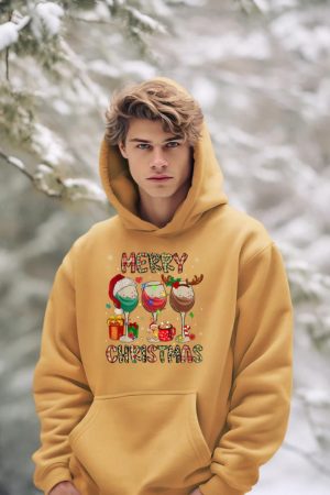 Merry Christmas Lights Drinking Wine Santa Hat Pajamas Women Hoodie