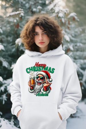 Merry Christmas Funny Santa Claus Middle Finger Drink Beer Hoodie