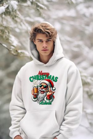 Merry Christmas Funny Santa Claus Middle Finger Drink Beer Hoodie