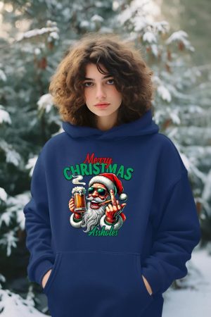 Merry Christmas Funny Santa Claus Middle Finger Drink Beer Hoodie