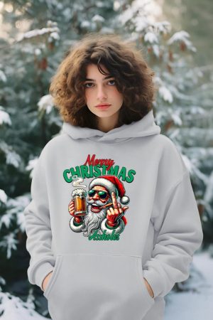 Merry Christmas Funny Santa Claus Middle Finger Drink Beer Hoodie