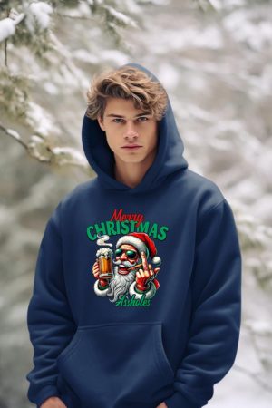 Merry Christmas Funny Santa Claus Middle Finger Drink Beer Hoodie