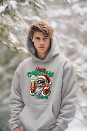 Merry Christmas Funny Santa Claus Middle Finger Drink Beer Hoodie