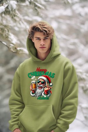 Merry Christmas Funny Santa Claus Middle Finger Drink Beer Hoodie