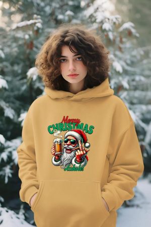 Merry Christmas Funny Santa Claus Middle Finger Drink Beer Hoodie