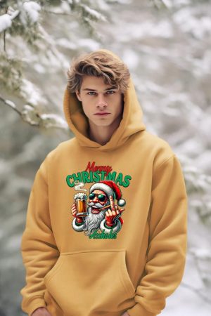 Merry Christmas Funny Santa Claus Middle Finger Drink Beer Hoodie
