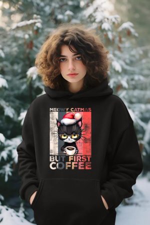 Meowy Catmas But First Coffee Cat Christmas Vintage Women Hoodie