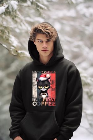 Meowy Catmas But First Coffee Cat Christmas Vintage Women Hoodie