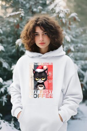 Meowy Catmas But First Coffee Cat Christmas Vintage Women Hoodie