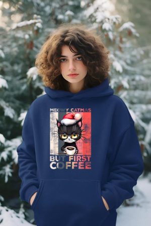 Meowy Catmas But First Coffee Cat Christmas Vintage Women Hoodie