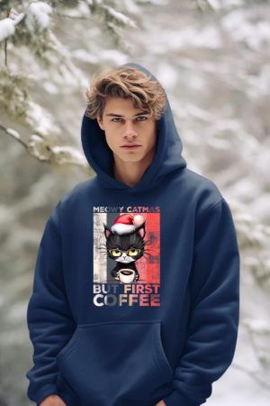 Meowy Catmas But First Coffee Cat Christmas Vintage Women Hoodie