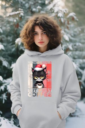 Meowy Catmas But First Coffee Cat Christmas Vintage Women Hoodie