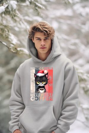 Meowy Catmas But First Coffee Cat Christmas Vintage Women Hoodie