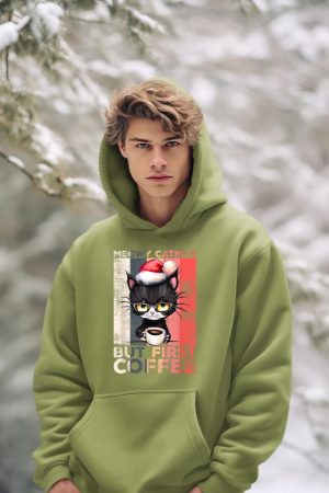 Meowy Catmas But First Coffee Cat Christmas Vintage Women Hoodie
