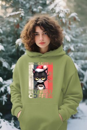 Meowy Catmas But First Coffee Cat Christmas Vintage Women Hoodie