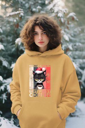 Meowy Catmas But First Coffee Cat Christmas Vintage Women Hoodie