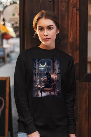 Cat Tee For Women Book Lover Tee Cute Cat Book Coffee Lover Sweatshirt