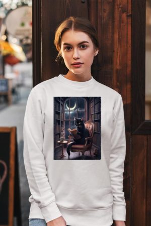 Cat Tee For Women Book Lover Tee Cute Cat Book Coffee Lover Sweatshirt