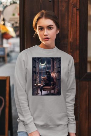Cat Tee For Women Book Lover Tee Cute Cat Book Coffee Lover Sweatshirt