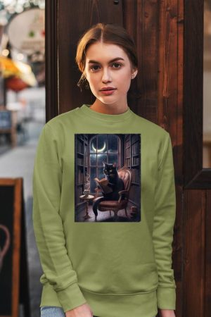 Cat Tee For Women Book Lover Tee Cute Cat Book Coffee Lover Sweatshirt