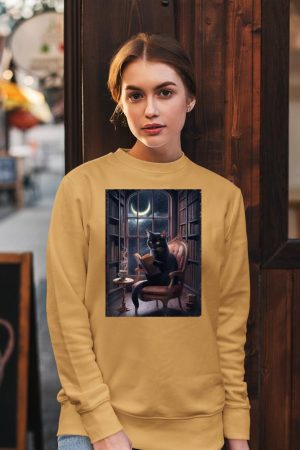 Cat Tee For Women Book Lover Tee Cute Cat Book Coffee Lover Sweatshirt