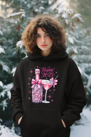 New Years 2025 Pink Champagne Shirt Wine Bottle Disco Balls Hoodie