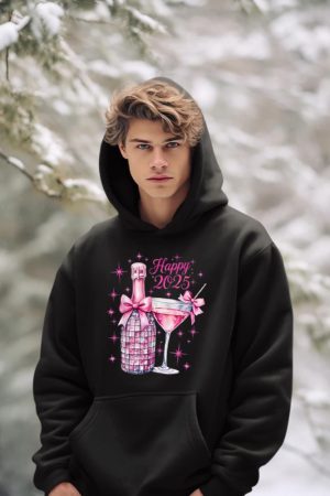 New Years 2025 Pink Champagne Shirt Wine Bottle Disco Balls Hoodie
