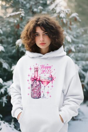 New Years 2025 Pink Champagne Shirt Wine Bottle Disco Balls Hoodie