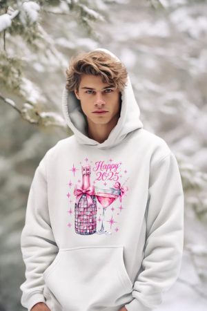 New Years 2025 Pink Champagne Shirt Wine Bottle Disco Balls Hoodie