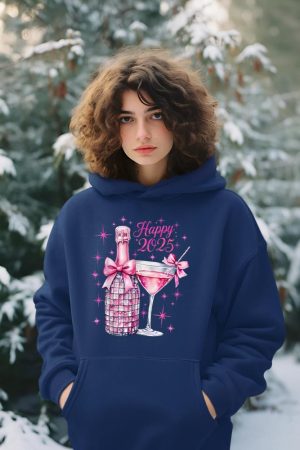 New Years 2025 Pink Champagne Shirt Wine Bottle Disco Balls Hoodie