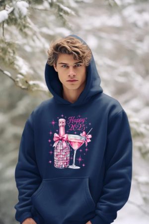 New Years 2025 Pink Champagne Shirt Wine Bottle Disco Balls Hoodie