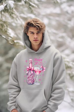 New Years 2025 Pink Champagne Shirt Wine Bottle Disco Balls Hoodie