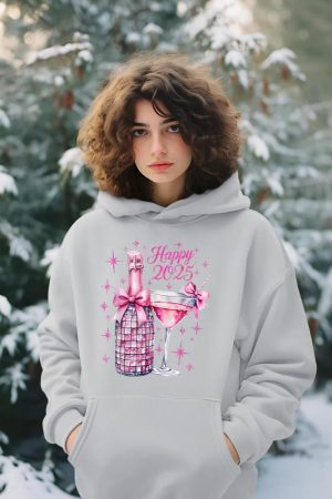 New Years 2025 Pink Champagne Shirt Wine Bottle Disco Balls Hoodie