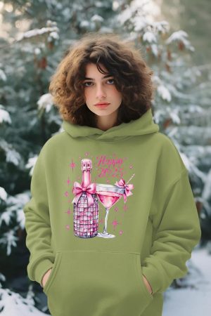 New Years 2025 Pink Champagne Shirt Wine Bottle Disco Balls Hoodie
