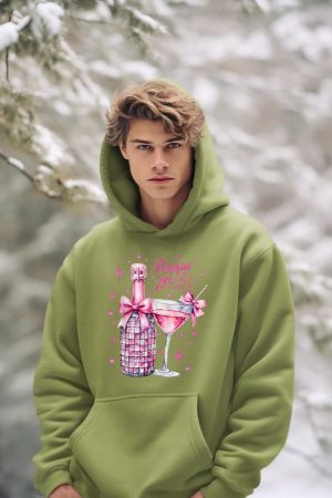 New Years 2025 Pink Champagne Shirt Wine Bottle Disco Balls Hoodie