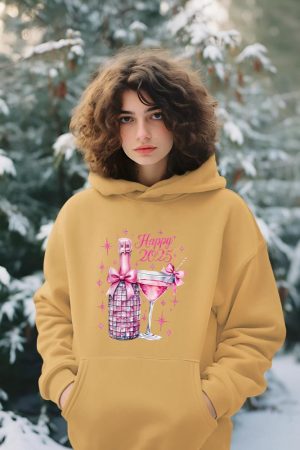 New Years 2025 Pink Champagne Shirt Wine Bottle Disco Balls Hoodie
