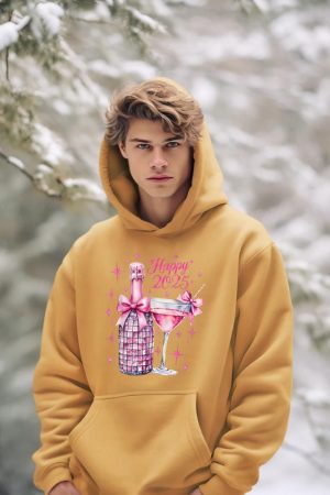 New Years 2025 Pink Champagne Shirt Wine Bottle Disco Balls Hoodie