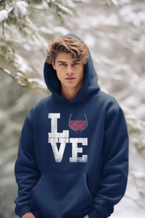 I Love Wine Red Wine Glass Heart - Wine Drinker Distressed Hoodie