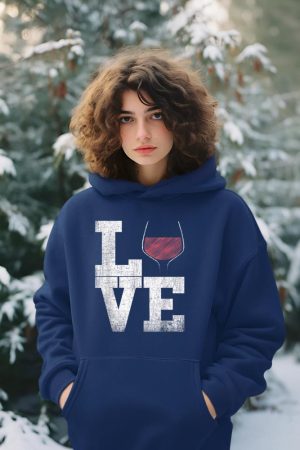 I Love Wine Red Wine Glass Heart - Wine Drinker Distressed Hoodie