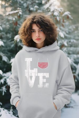 I Love Wine Red Wine Glass Heart - Wine Drinker Distressed Hoodie