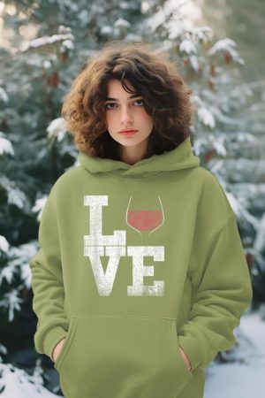 I Love Wine Red Wine Glass Heart - Wine Drinker Distressed Hoodie