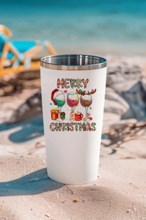 Merry Christmas Lights Drinking Wine Santa Hat Pajamas Women Tumbler