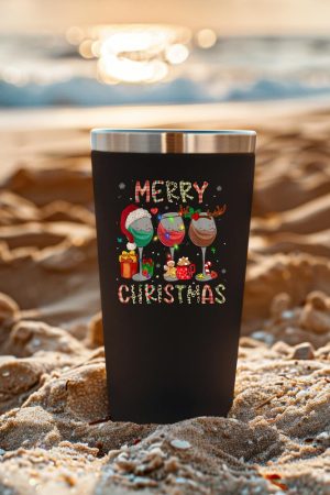 Merry Christmas Lights Drinking Wine Santa Hat Pajamas Women Tumbler