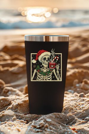 Christmas Skeleton Coffee Lover Funny Lights Skull Santa Hat Tumbler