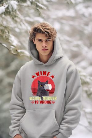 Funny Humor Cat Lover Men Women Reading and Drinking Wine Hoodie