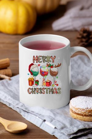 Merry Christmas Lights Drinking Wine Santa Hat Pajamas Women Mug