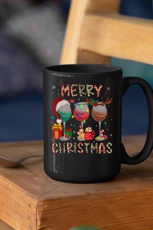 Merry Christmas Lights Drinking Wine Santa Hat Pajamas Women Mug