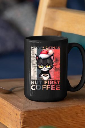 Meowy Catmas But First Coffee Cat Christmas Vintage Women Mug