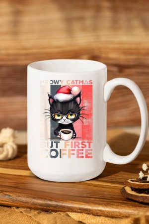 Meowy Catmas But First Coffee Cat Christmas Vintage Women Mug