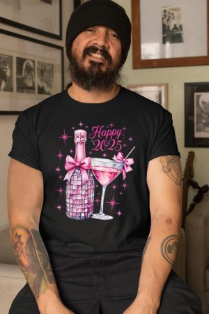 New Years 2025 Pink Champagne Shirt Wine Bottle Disco Balls T-Shirt